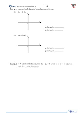          เอกสารทบทวนความรู้คณิตศาสตร์พืนฐาน                112                                                  
 
ตัวอย่าง 14 จงวาดกราฟของฟังก์ชันในแต่ละข้อต่อไปนีและตอบถามทีกําหนด
(1)  f(x) 2 3x   
 
 
 
 
 
              จุดตัดแกน x คือ ...................... 
                  จุดตัดแกน y คือ ..................... 
 
  (2)  g(x) 2x 5   
 
 
 
 
                  จุดตัดแกน x คือ ...................... 
                  จุดตัดแกน y คือ ..................... 
 
 
 
 
ตัวอย่าง 15 ถ้า A  เป็นบริเวณทีปิดล้อมด้วยเส้นตรง 3x  2y = 5  เส้นตรง  x + 4y = 4  และแกน  x   
  แล้วพืนทีของ A เท่ากับกีตารางหน่วย 
 
 
 
 
 
 
 
 
 
 
 
 
 
 
 
y
x
0
y
x
0
 