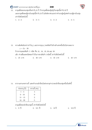          เอกสารทบทวนความรู้คณิตศาสตร์พืนฐาน                248                                                  
 
12.  อายุเฉลียของคนกลุ่มหนึงเท่ากับ 31 ปี ถ้าอายุเฉลียของผู้หญิงในกลุ่มนีเท่ากับ 35 ปี  
และอายุเฉลียของผู้ชายในกลุ่มนีเท่ากับ 25 ปี แล้วอัตราส่วนระหว่างจํานวนผู้หญิงต่อจํานวนผู้ชายในกลุ่ม
เท่ากับข้อใดต่อไปนี 
1.   2 : 3      2.   2 : 5      3.   3 : 2      4.   3 : 5 
 
 
 
 
 
 
 
 
13.  ความสัมพันธ์ระหว่างกําไร(y) และราคาทุน(x) ของสินค้าในร้านค้าแห่งหนึงเป็นไปตามสมการ  
    y = 2x – 30    
ถ้าราคาทุนของสินค้า 5  ชนิด คือ 31,  34,  35, 36 และ 39   
  แล้ว ค่าเฉลียเลขคณิตของกําไรในการขายสินค้า 5 ชนิดนี เท่ากับข้อใดต่อไปนี 
1.   25  บาท 2.   30  บาท     3.   35  บาท 4.   40  บาท 
 
 
 
 
 
 
 
 
14.  ตารางแจกแจงความถี แสดงจํานวนนักเรียนในช่วงอายุต่างๆ ของนักเรียนกลุ่มหนึงเป็นดังนี 
ช่วงอายุ (ปี)  ความถี (คน) 
1 – 5 
6 – 10 
11 – 15 
16 – 20 
4 
9 
2 
5 
  อายุเฉลียของนักเรียนกลุ่มนี เท่ากับข้อใดต่อไปนี 
  1.   9  ปี   2.   9.5  ปี      3.   10 ปี      4.   10.5 ปี 
 
 
 
 
 