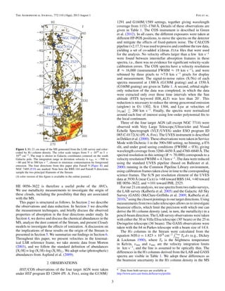 The Astrophysical Journal, 772:110 (16pp), 2013 August 1 Fox et al.
LMC
SMC
FAIRALL 9
RBS 144
HE 0056-3622
PHL 2525
NGC 7714
NGC 7469
Figure 1. H i 21 cm map of the MS generated from the LAB survey and color-
coded by H i column density. The color scale ranges from 5 × 1018 to 3 ×
1020 cm−2. The map is shown in Galactic coordinates centered on the south
Galactic pole. The integration range in deviation velocity is vdev = −500 to
−80 and 50 to 500 km s−1, chosen to minimize contamination by foreground
emission. The four directions from this paper plus Fairall 9 (Paper II) and
NGC 7469 (F10) are marked. Note how the RBS 144 and Fairall 9 directions
sample the two principal ﬁlaments of the Stream.
(A color version of this ﬁgure is available in the online journal.)
HE 0056–3622 is therefore a useful probe of the AVCs.
We use metallicity measurements to investigate the origin of
these clouds, including the possibility that they are associated
with the MS.
This paper is structured as follows. In Section 2 we describe
the observations and data reduction. In Section 3 we describe
the measurement techniques, and brieﬂy discuss the observed
properties of absorption in the four directions under study. In
Section 4, we derive and discuss the chemical abundances in the
MS, analyze the dust content of the Stream, and present Cloudy
models to investigate the effects of ionization. A discussion on
the implications of these results on the origin of the Stream is
presented in Section 5. We summarize our ﬁndings in Section 6.
Throughout this paper, we present velocities in the kinemat-
ical LSR reference frame, we take atomic data from Morton
(2003), and we follow the standard deﬁnition of abundances
[X/H] ≡ log (X/H)–log (X/H) . We adopt solar (photospheric)
abundances from Asplund et al. (2009).
2. OBSERVATIONS
HST/COS observations of the four target AGN were taken
under HST program ID 12604 (PI: A. Fox), using the G130M/
1291 and G160M/1589 settings, together giving wavelength
coverage from 1132–1760 Å. Details of these observations are
given in Table 1. The COS instrument is described in Green
et al. (2012). In all cases, the different exposures were taken at
different FP-POS positions, to move the spectra on the detector
and mitigate the effects of ﬁxed-pattern noise. The CALCOS
pipeline (v2.17.3) was used to process and combine the raw data,
yielding a set of co-added x1dsum.fits ﬁles that were used
for the analysis. No velocity offsets larger than a few km s−1
were found between interstellar absorption features in these
spectra, i.e., there was no evidence for signiﬁcant velocity-scale
calibration errors. The COS spectra have a velocity resolution
R ≈ 16,000 (instrumental FWHM ≈ 19 km s−1
), and were
rebinned by three pixels to ≈7.0 km s−1
pixels for display
and measurement. The signal-to-noise ratios (S/Ns) of each
spectra measured at 1300 Å (G130M grating) and at 1550 Å
(G160M grating) are given in Table 1. A second, orbital night-
only reduction of the data was completed, in which the data
were extracted only over those time intervals when the Sun
altitude (FITS keyword SUN_ALT) was less than 20◦
. This
reduction is necessary to reduce the strong geocoronal emission
(airglow) in O i 1302, Si ii 1304, and Lyα at velocities of
|vLSR| 200 km s−1
. Finally, the spectra were normalized
around each line of interest using low-order polynomial ﬁts to
the local continuum.
Three of the four target AGN (all except NGC 7714) were
observed with Very Large Telescope/Ultraviolet and Visual
Echelle Spectrograph (VLT/UVES) under ESO program ID
085.C-0172(A) (PI: A. Fox). The UVES instrument is described
in Dekker et al. (2000). These observations were taken in Service
Mode with Dichroic 1 in the 390+580 setting, no binning, a 0.6
slit, and under good seeing conditions (FWHM < 0.8), giving
wavelength coverage from 3260–4450 Å and 4760–6840 Å. The
spectral resolution in this setting (R ≈ 70,000) corresponds to a
velocity resolution FWHM = 4.3 km s−1
. The data were reduced
using the standard UVES pipeline (based on Ballester et al.
2000) running in the Common Pipeline Library environment,
using calibration frames taken close in time to the corresponding
science frames. The S/N per resolution element of the UVES
data at 3930 Å (near Ca ii) is ≈68 toward RBS 144, ≈40 toward
HE 0056–3622, and ≈101 toward PHL 2525.
For our 21 cm analysis, we use spectra from two radio surveys,
the LAB survey (Kalberla et al. 2005) and the Galactic All Sky
Survey (GASS) (McClure-Grifﬁths et al. 2009; Kalberla et al.
2010),9
using the closest pointings to our target directions. Using
measurements from two radio telescopes allows us to investigate
beamsize effects, which limit the precision with which one can
derive the H i column density (and, in turn, the metallicity) in a
pencil-beam direction. The LAB survey observations were taken
with either the 30 m Villa Elisa telescope (30 beam) or the 25 m
Dwingeloo telescope (36 beam). The GASS observations were
taken with the 64 m Parkes telescope with a beam size of 14.4.
The H i columns in the Stream were calculated from the
equation N(H i) = 1.823 × 1018
cm−2 vmax
vmin
Tb dv (e.g., Dickey
& Lockman 1990), where Tb is the brightness temperature
in Kelvin, vmin and vmax are the velocity integration limits
in km s−1
, and the line is assumed to be optically thin. The
differences in the H i columns derived from the LAB and GASS
spectra are visible in Table 1. We adopt these differences as
the beamsize uncertainty in the H i column density in the MS
9 Data from both surveys are available at
http://www.astro.uni-bonn.de/hisurvey/proﬁle.
3
 