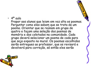 • 4ª aula
  Propor aos alunos que leiam em voz alta os poemas.
  Perguntar como eles sabem que se trata de um
  poema. Orientar que se reúnam em grupo de
  quatro e façam uma seleção dos poemas de
  memória e dos coletados na comunidade. Cada
  grupo deverá selecionar um poema de cada para
  que seja exposto no mural. Os poemas escolhidos
  serão entregues ao professor, que os revisará e
  devolverá para correção, só então eles serão
 