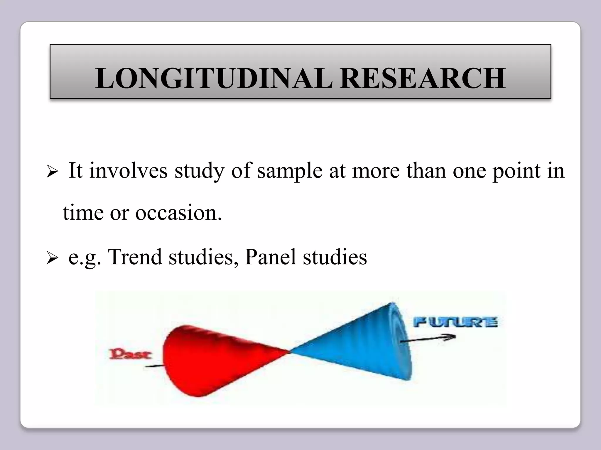  It involves study of sample at more than one point in
time or occasion.
 e.g. Trend studies, Panel studies
LONGITUDINAL RESEARCH
 