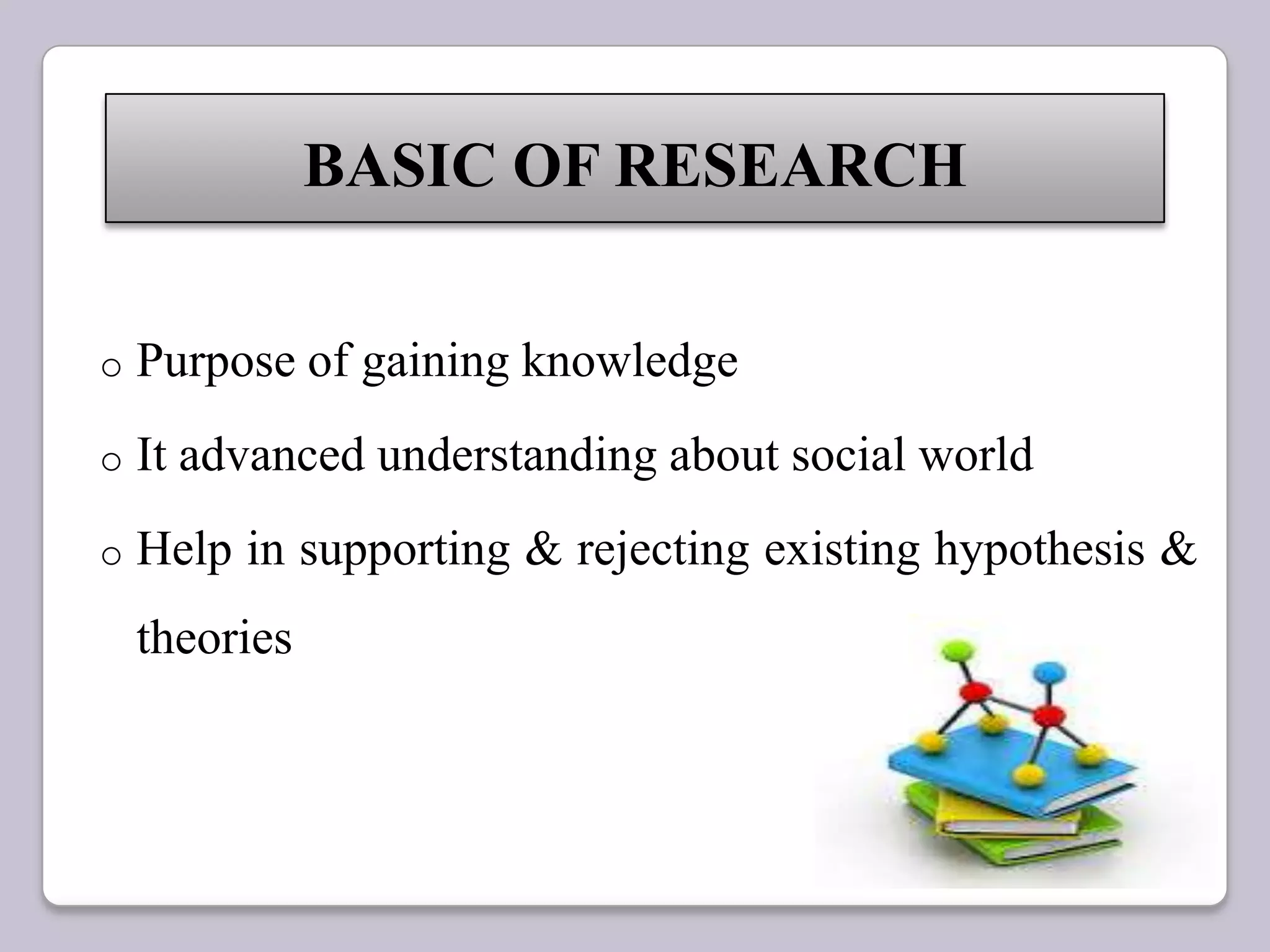 o Purpose of gaining knowledge
o It advanced understanding about social world
o Help in supporting & rejecting existing hypothesis &
theories
BASIC OF RESEARCH
 