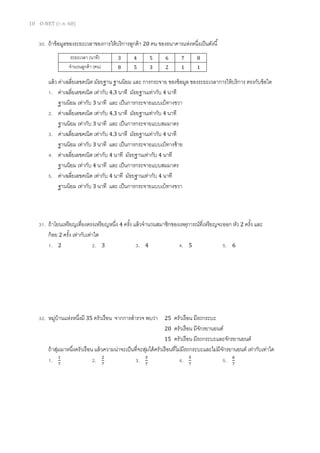 10 O-NET (ก.พ. 60)
30. ถ้าข้อมูลของระยะเวลาของการให้บริการลูกค้า 20 คน ของธนาคารแห่งหนึ่งเป็นดังนี้
แล้ว ค่าเฉลี่ยเลขคณิต มัธยฐาน ฐานนิยม และ การกระจาย ของข้อมูล ของระยะเวลาการให้บริการ ตรงกับข้อใด
1. ค่าเฉลี่ยเลขคณิต เท่ากับ 4.3 นาที มัธยฐานเท่ากับ 4 นาที
ฐานนิยม เท่ากับ 3 นาที และ เป็นการกระจายแบบเบ้ทางขวา
2. ค่าเฉลี่ยเลขคณิต เท่ากับ 4.3 นาที มัธยฐานเท่ากับ 4 นาที
ฐานนิยม เท่ากับ 3 นาที และ เป็นการกระจายแบบสมมาตร
3. ค่าเฉลี่ยเลขคณิต เท่ากับ 4.3 นาที มัธยฐานเท่ากับ 4 นาที
ฐานนิยม เท่ากับ 3 นาที และ เป็นการกระจายแบบเบ้ทางซ้าย
4. ค่าเฉลี่ยเลขคณิต เท่ากับ 4 นาที มัธยฐานเท่ากับ 4 นาที
ฐานนิยม เท่ากับ 4 นาที และ เป็นการกระจายแบบสมมาตร
5. ค่าเฉลี่ยเลขคณิต เท่ากับ 4 นาที มัธยฐานเท่ากับ 4 นาที
ฐานนิยม เท่ากับ 3 นาที และ เป็นการกระจายแบบเบ้ทางขวา
31. ถ้าโยนเหรียญเที่ยงตรงเหรียญหนึ่ง 4 ครั้ง แล้วจานวนสมาชิกของเหตุการณ์ที่เหรียญจะออก หัว 2 ครั้ง และ
ก้อย 2 ครั้ง เท่ากับเท่าใด
1. 2 2. 3 3. 4 4. 5 5. 6
32. หมู่บ้านแห่งหนึ่งมี 35 ครัวเรือน จากการสารวจ พบว่า 25 ครัวเรือน มีรถกระบะ
20 ครัวเรือน มีจักรยานยนต์
15 ครัวเรือน มีรถกระบะและจักรยานยนต์
ถ้าสุ่มมาหนึ่งครัวเรือน แล้วความน่าจะเป็นที่จะสุ่มได้ครัวเรือนที่ไม่มีรถกระบะและไม่มีจักรยานยนต์ เท่ากับเท่าใด
1. 1
7
2. 2
7
3. 3
7
4. 5
7
5. 6
7
ระยะเวลา (นาที) 3 4 5 6 7 8
จานวนลูกค้า (คน) 8 5 3 2 1 1
 