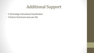 Additional Support
• 2 Technology Instructional Coordinators
• 3 District Technicians (one per HS)
 