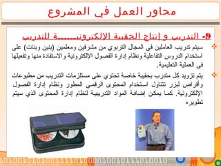 ‫المشروع‬ ‫في‬ ‫العمل‬ ‫محاور‬
9-‫و‬ ‫التدريب‬‫اللكترونيــــــة‬ ‫الحقيبة‬ ‫إنتاج‬‫للتدريب‬
‫على‬ (‫وبنات‬ ‫)بنين‬ ‫ومعلمين‬ ‫مشرفين‬ ‫من‬ ‫التربوي‬ ‫المجال‬ ‫في‬ ‫العاملين‬ ‫تدريب‬ ‫سيتم‬
‫وتفعيلها‬ ‫منها‬ ‫والستفادة‬ ‫اللكترونية‬ ‫الفصول‬ ‫إدارة‬ ‫ونظام‬ ‫التفاعلية‬ ‫الدروس‬ ‫استخدام‬
.‫التعليمية‬ ‫العملية‬ ‫فى‬
‫مطبوعات‬ ‫من‬ ‫التدريب‬ ‫مستلزمات‬ ‫على‬ ‫تحتوي‬ ‫خاصة‬ ‫بحقيبة‬ ‫متدرب‬ ‫كل‬ ‫تزويد‬ ‫يتم‬
‫الفصول‬ ‫إدارة‬ ‫ونظام‬ ‫المطور‬ ‫الرقممي‬ ‫المحتوى‬ ‫اسمتخدام‬ ‫تتناول‬ ‫لبزر‬ ‫وأقراص‬
‫سيتم‬ ‫الذي‬ ‫المحتوى‬ ‫إدارة‬ ‫لنظام‬ ‫التدريبيمة‬ ‫المواد‬ ‫إضافمة‬ ‫يمكمن‬ ‫كمما‬ .‫اللكترونية‬
‫تطويره‬
 