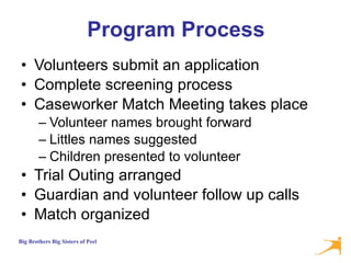 Program Process Volunteers submit an application Complete screening process Caseworker Match Meeting takes place Volunteer names brought forward Littles names suggested Children presented to volunteer Trial Outing arranged Guardian and volunteer follow up calls Match organized 