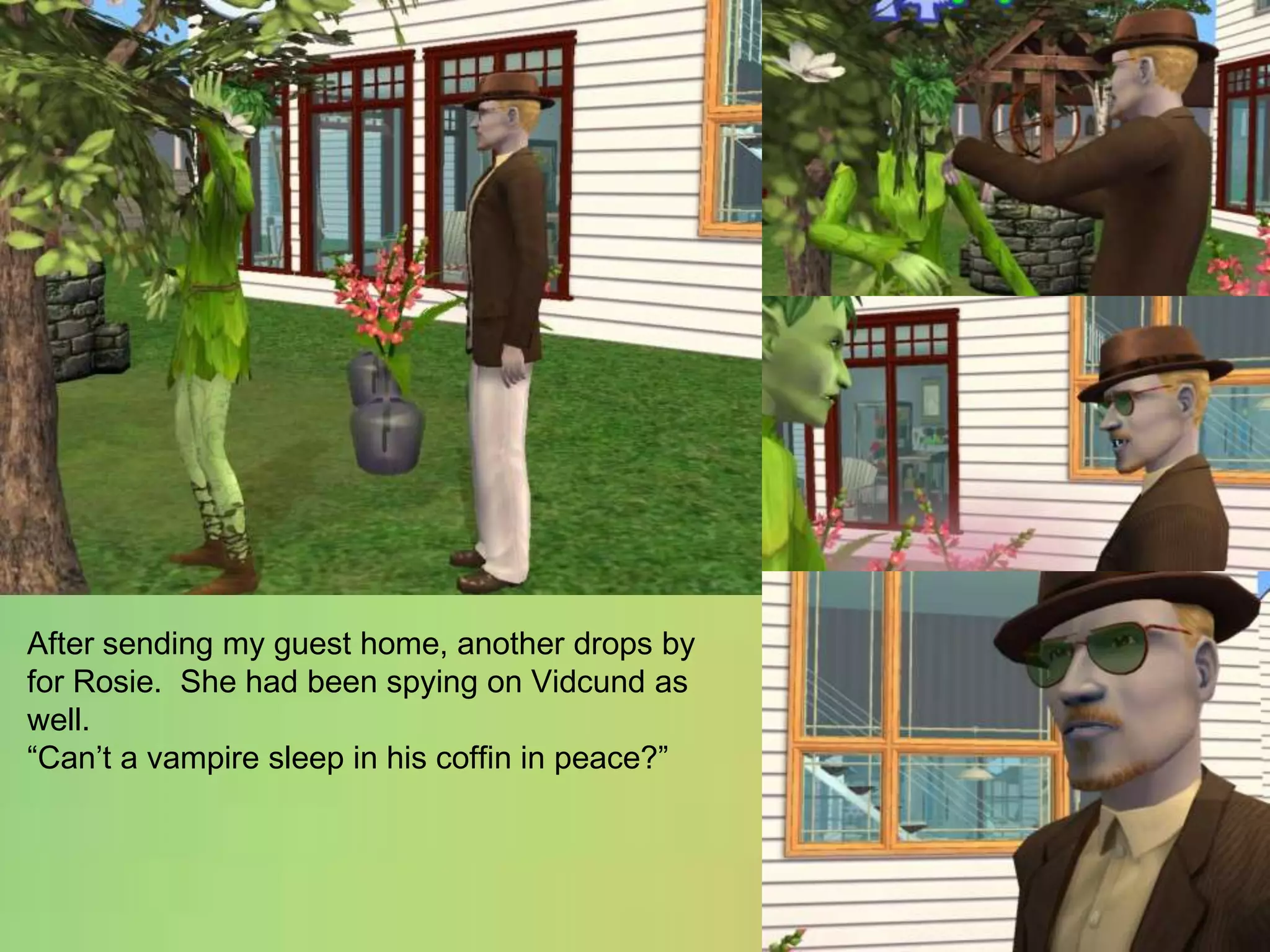 After sending my guest home, another drops by for Rosie.  She had been spying on Vidcund as well.“Can’t a vampire sleep in his coffin in peace?”