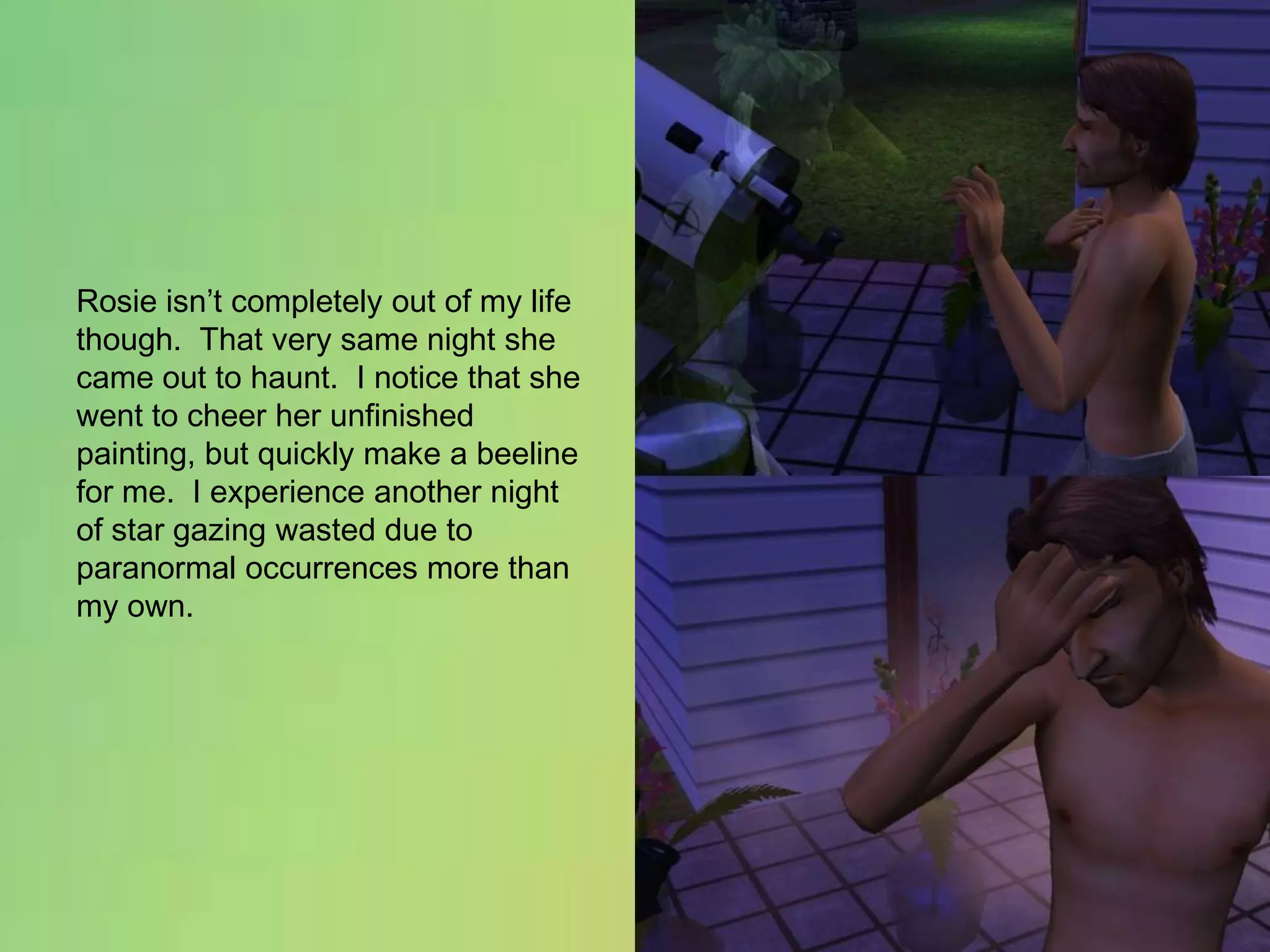 Rosie isn’t completely out of my life though.  That very same night she came out to haunt.  I notice that she went to cheer her unfinished painting, but quickly make a beeline for me.  I experience another night of star gazing wasted due to paranormal occurrences more than my own.