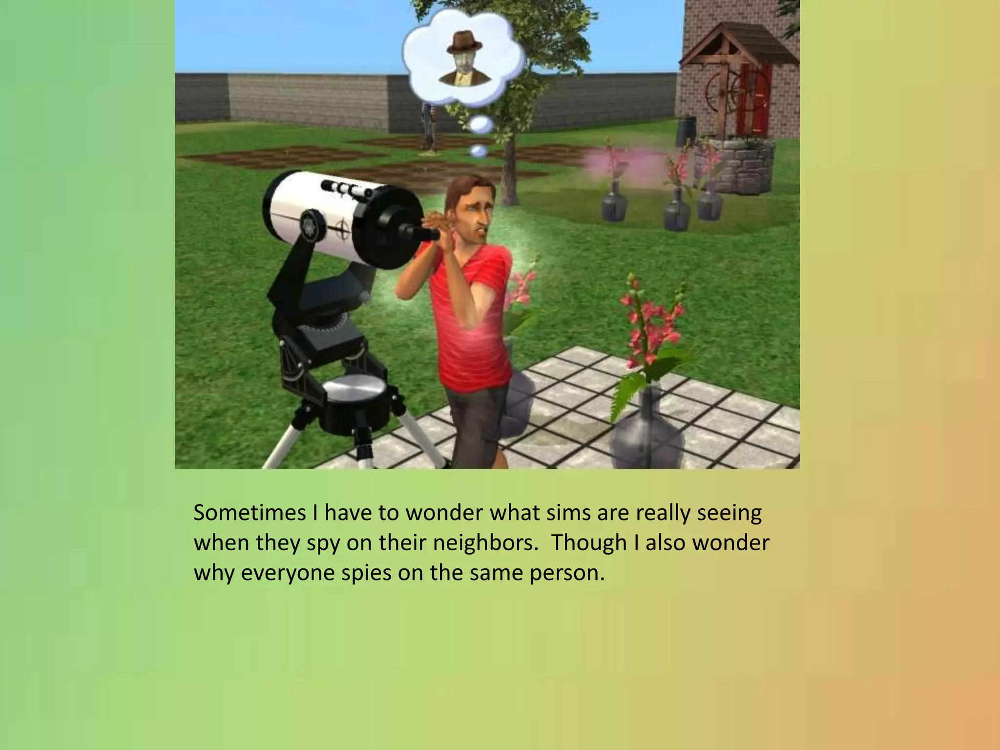 Sometimes I have to wonder what sims are really seeing when they spy on their neighbors.  Though I also wonder why everyone spies on the same person.