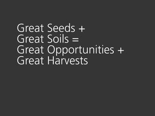 Great Seeds +
Great Soils =
Great Opportunities +
Great Harvests
 