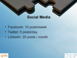 Social Media
• Facebook: 10 posts/week
• Twitter: 5 posts/day
• Linkedin: 20 posts / month
 