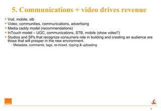 5. Communications + video drives revenue  Vod, mobile, stb Video, communities, communications, advertising Media caddy model (recommendations) InTouch model – UGC, communications, STB, mobile (show video?) Studios and SPs that recognize consumers role in building and creating an audience are those that will prosper in the new environment. Metadata, comments, tags, re-mixed, ripping & uploading 