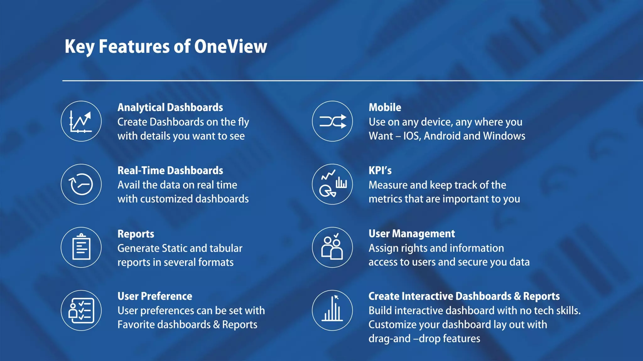 Key Features
Mobile
Use on any device, any where you
Want – IOS, Android and Windows
Analytical Dashboards
Create Dashboards on the fly
with details you want to see
Real-Time Dashboards
Avail the data on real time with
customized dashboards
KPI’s
Measure and keep track of the metrics
that are important to you
Reports
Generate Static and tabular
several formats
User Management
Assign rights and information access
to users and secure you data
reports in
User Preference
User preferences can be set with
Favorite dashboards & Reports
Create Interactive Dashboards & Reports
Build interactive dashboard with no tech skills.
Customize your dashboard lay out with
drag-and –drop features
 