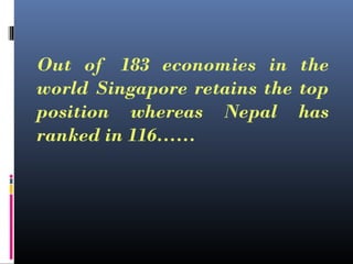 Out of 183 economies in the
world Singapore retains the top
position whereas Nepal has
ranked in 116……
 