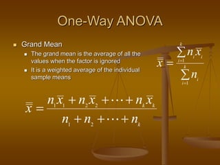 One-Way ANOVA
 Grand Mean
 The grand mean is the average of all the
values when the factor is ignored
 It is a weighted average of the individual
sample means
1 1 2 2
1 2
k k
k
n x n x n x
x
n n n
  

  
1
1
k
i i
i
k
i
i
n x
x
n





 