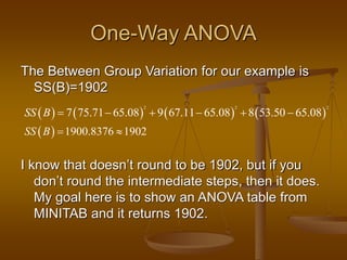 One-Way ANOVA
The Between Group Variation for our example is
SS(B)=1902
I know that doesn’t round to be 1902, but if you
don’t round the intermediate steps, then it does.
My goal here is to show an ANOVA table from
MINITAB and it returns 1902.
       
2 2 2
7 75.71 65.08 9 67.11 65.08 8 53.50 65.08
SS B      
  1900.8376 1902
SS B  
 