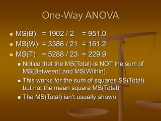 One-Way ANOVA
 MS(B) = 1902 / 2 = 951.0
 MS(W) = 3386 / 21 = 161.2
 MS(T) = 5288 / 23 = 229.9
 Notice that the MS(Total) is NOT the sum of
MS(Between) and MS(Within).
 This works for the sum of squares SS(Total),
but not the mean square MS(Total)
 The MS(Total) isn’t usually shown
 