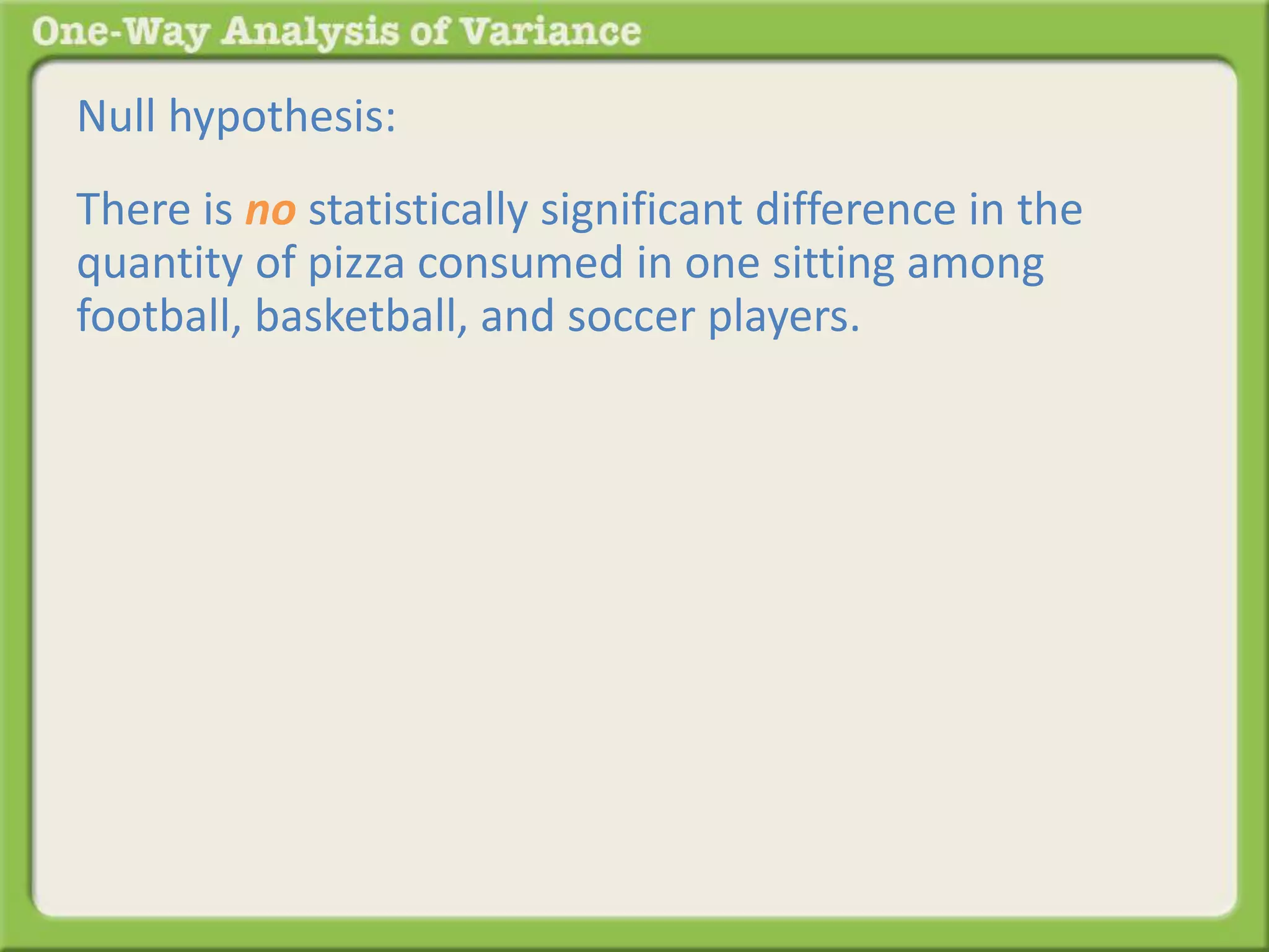 Null hypothesis: 
There is no statistically significant difference in the 
quantity of pizza consumed in one sitting among 
football, basketball, and soccer players. 
 