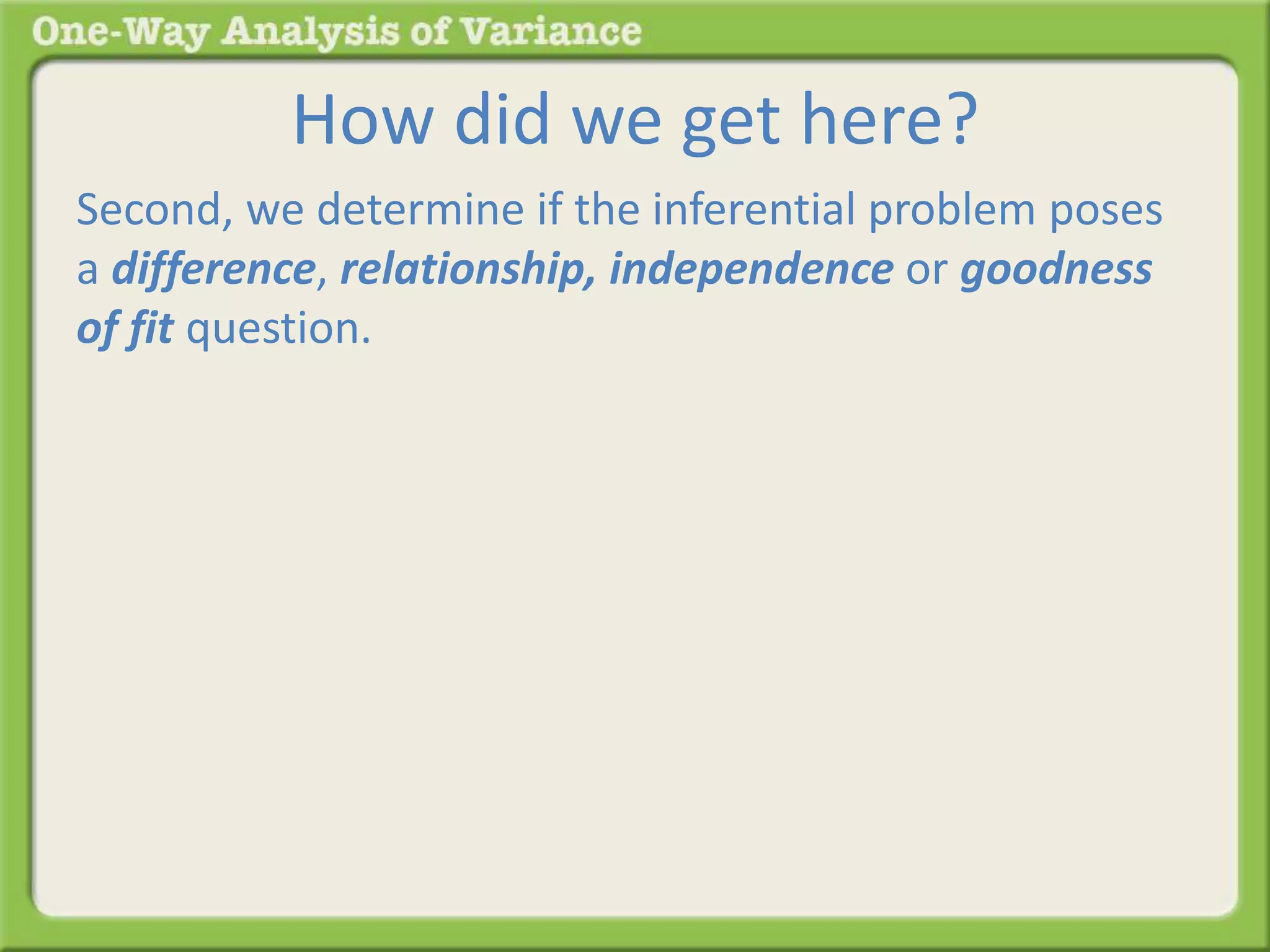How did we get here? 
Second, we determine if the inferential problem poses 
a difference, relationship, independence or goodness 
of fit question. 
 