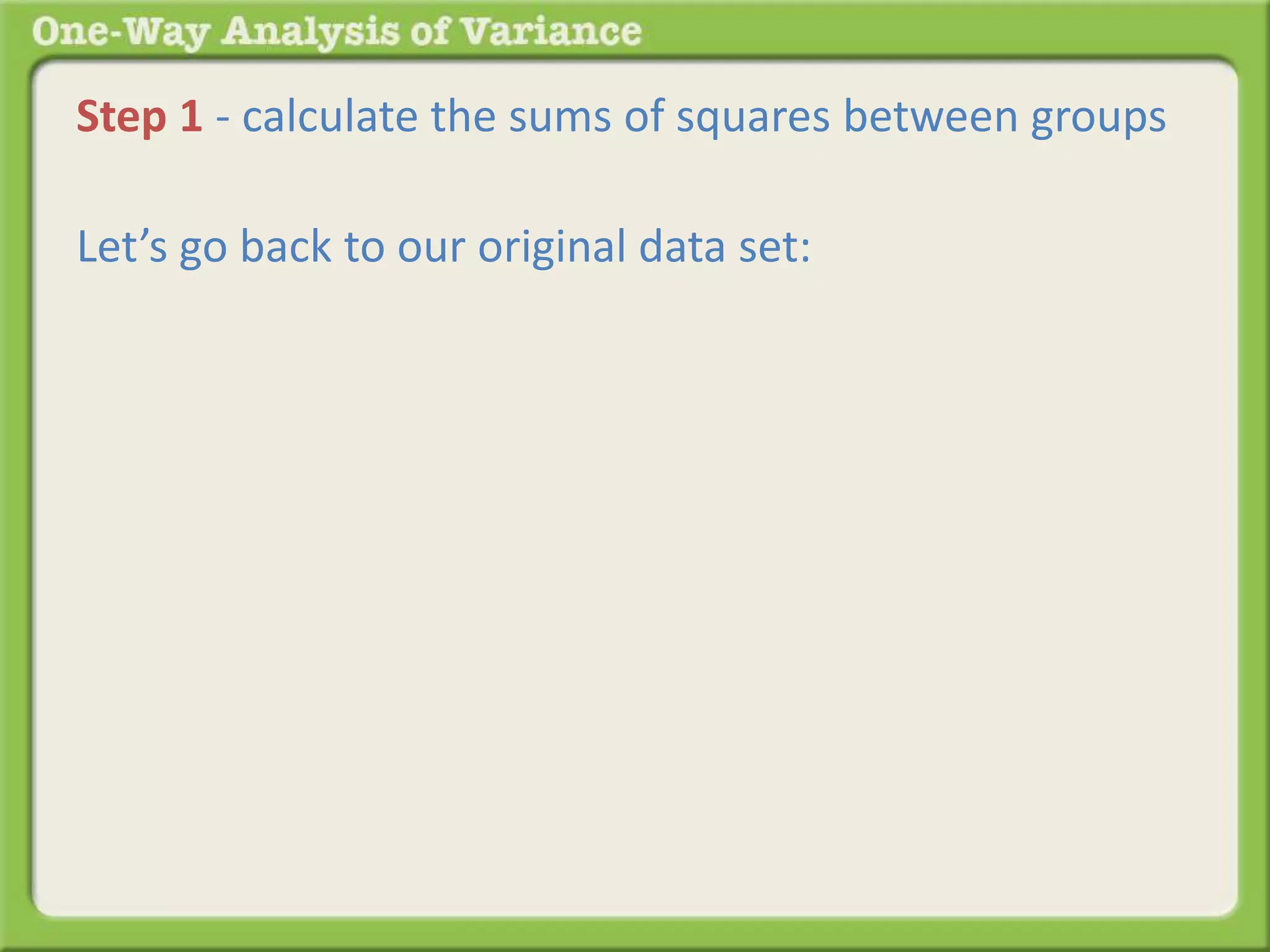 Step 1 - calculate the sums of squares between groups 
Let’s go back to our original data set: 
 