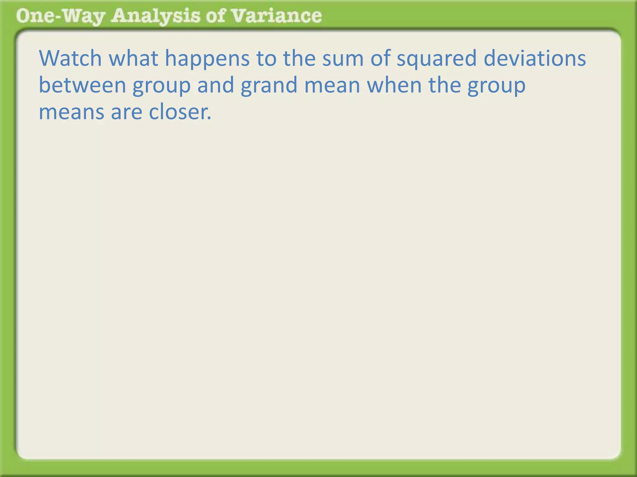 Watch what happens to the sum of squared deviations 
between group and grand mean when the group 
means are closer. 
 