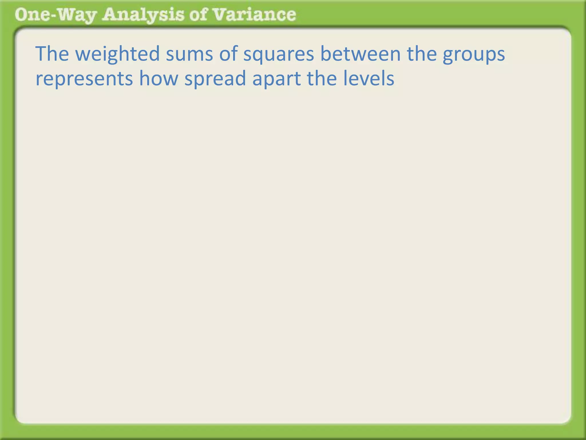 The weighted sums of squares between the groups 
represents how spread apart the levels 
 