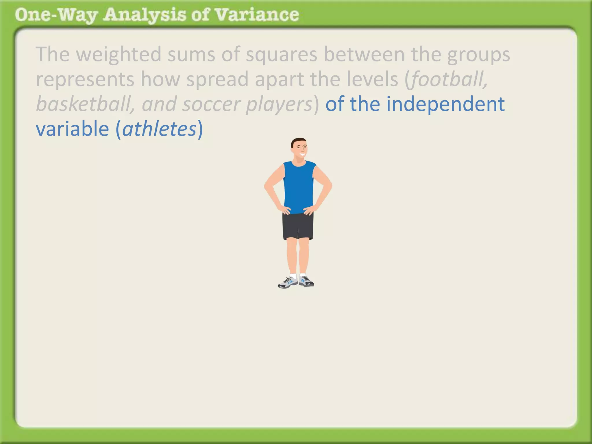 The weighted sums of squares between the groups 
represents how spread apart the levels (football, 
basketball, and soccer players) of the independent 
variable (athletes) 
 
