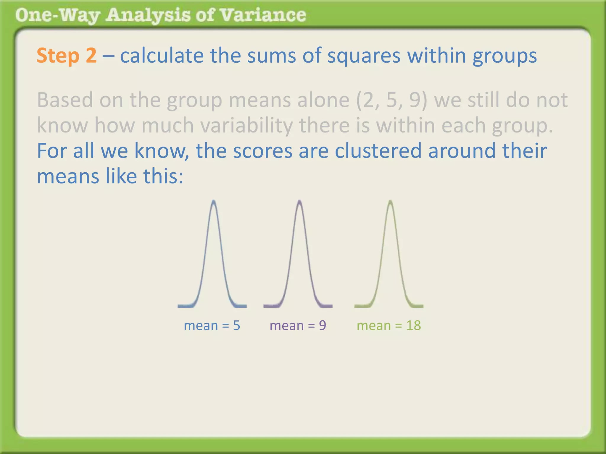 Step 2 – calculate the sums of squares within groups 
Based on the group means alone (2, 5, 9) we still do not 
know how much variability there is within each group. 
For all we know, the scores are clustered around their 
means like this: 
mean = 5 mean = 9 mean = 18 
 