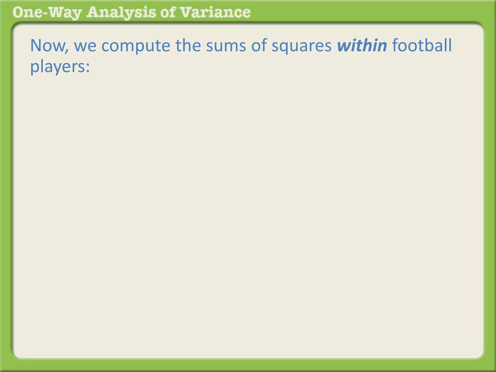 Now, we compute the sums of squares within football 
players: 
 