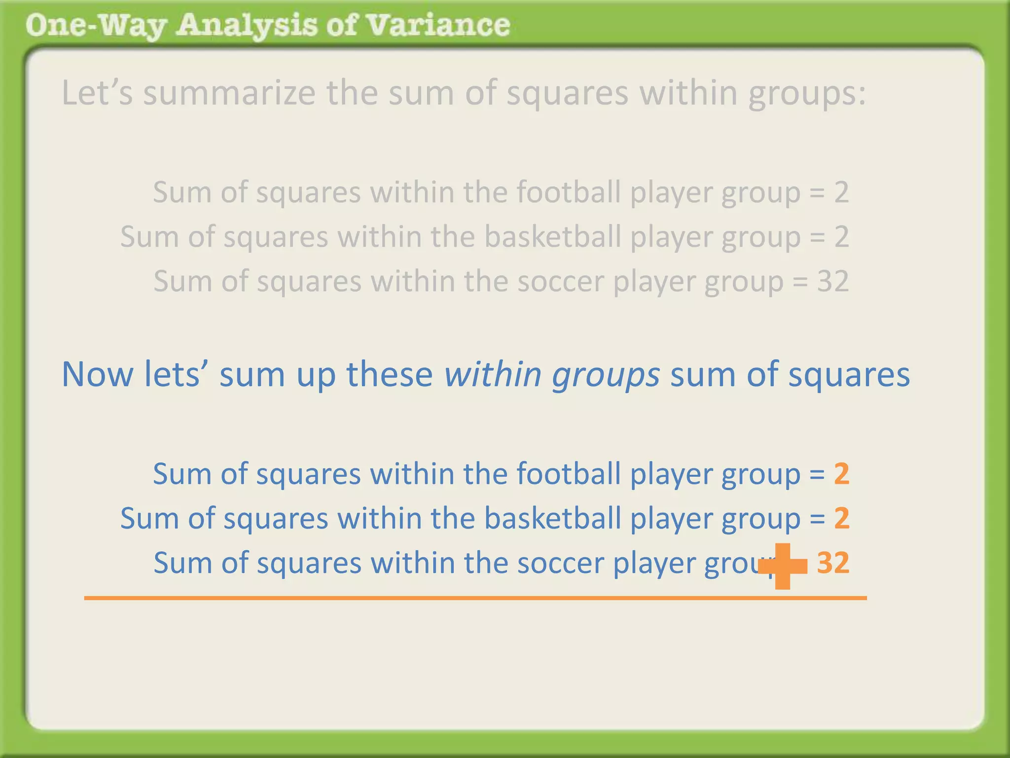 Let’s summarize the sum of squares within groups: 
Sum of squares within the football player group = 2 . 
Sum of squares within the basketball player group = 2 . 
Sum of squares within the soccer player group = 32 . 
Now lets’ sum up these within groups sum of squares 
Sum of squares within the football player group = 2 . 
Sum of squares within the basketball player group = 2 . 
Sum of squares within the soccer player group = 32 . 
 