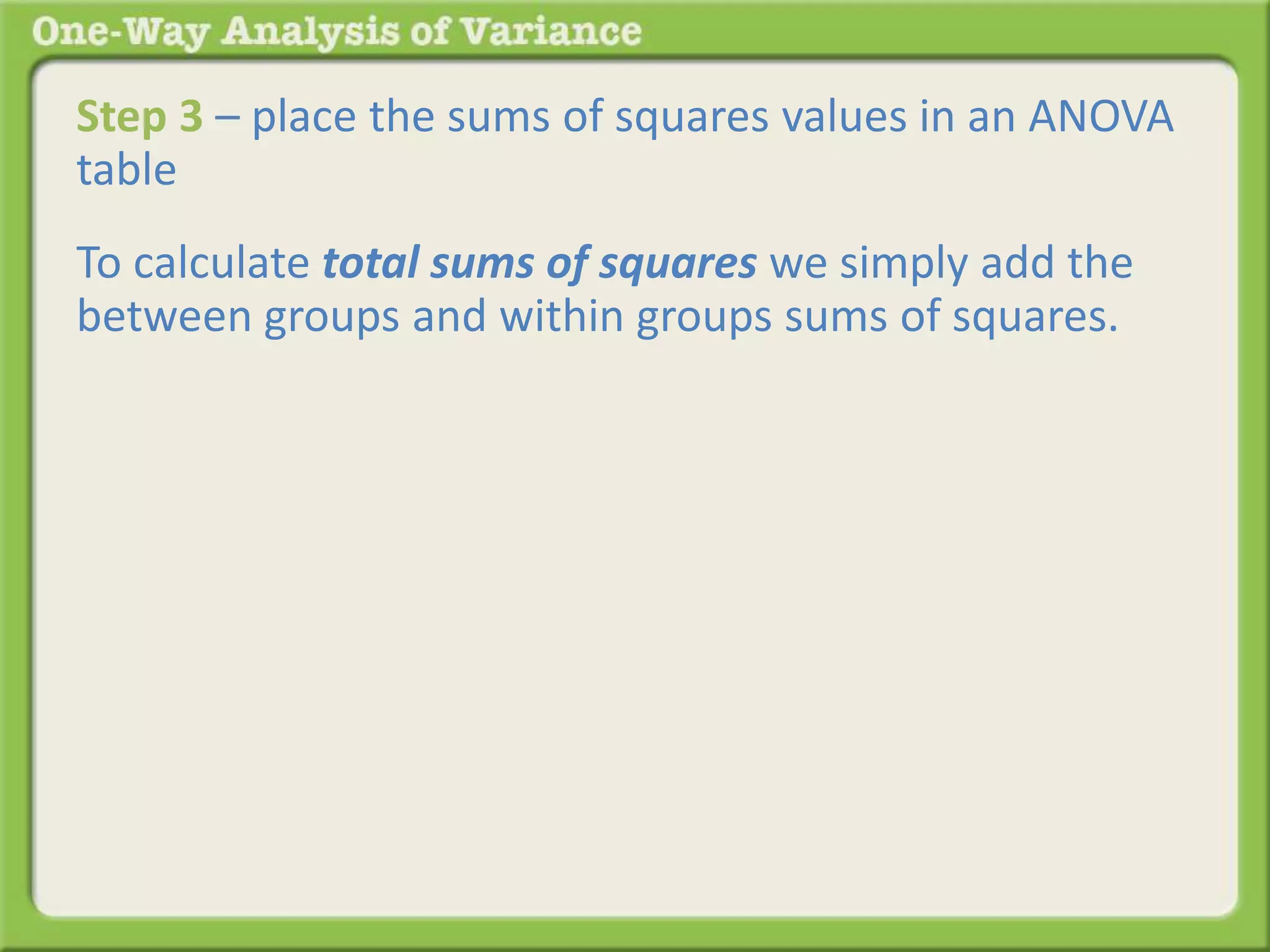Step 3 – place the sums of squares values in an ANOVA 
table 
To calculate total sums of squares we simply add the 
between groups and within groups sums of squares. 
 