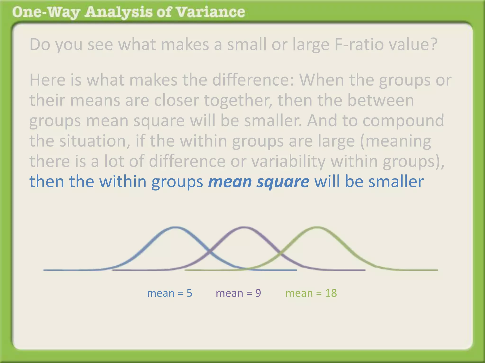 Do you see what makes a small or large F-ratio value? 
Here is what makes the difference: When the groups or 
their means are closer together, then the between 
groups mean square will be smaller. And to compound 
the situation, if the within groups are large (meaning 
there is a lot of difference or variability within groups), 
then the within groups mean square will be smaller 
mean = 5 mean = 9 mean = 18 
 