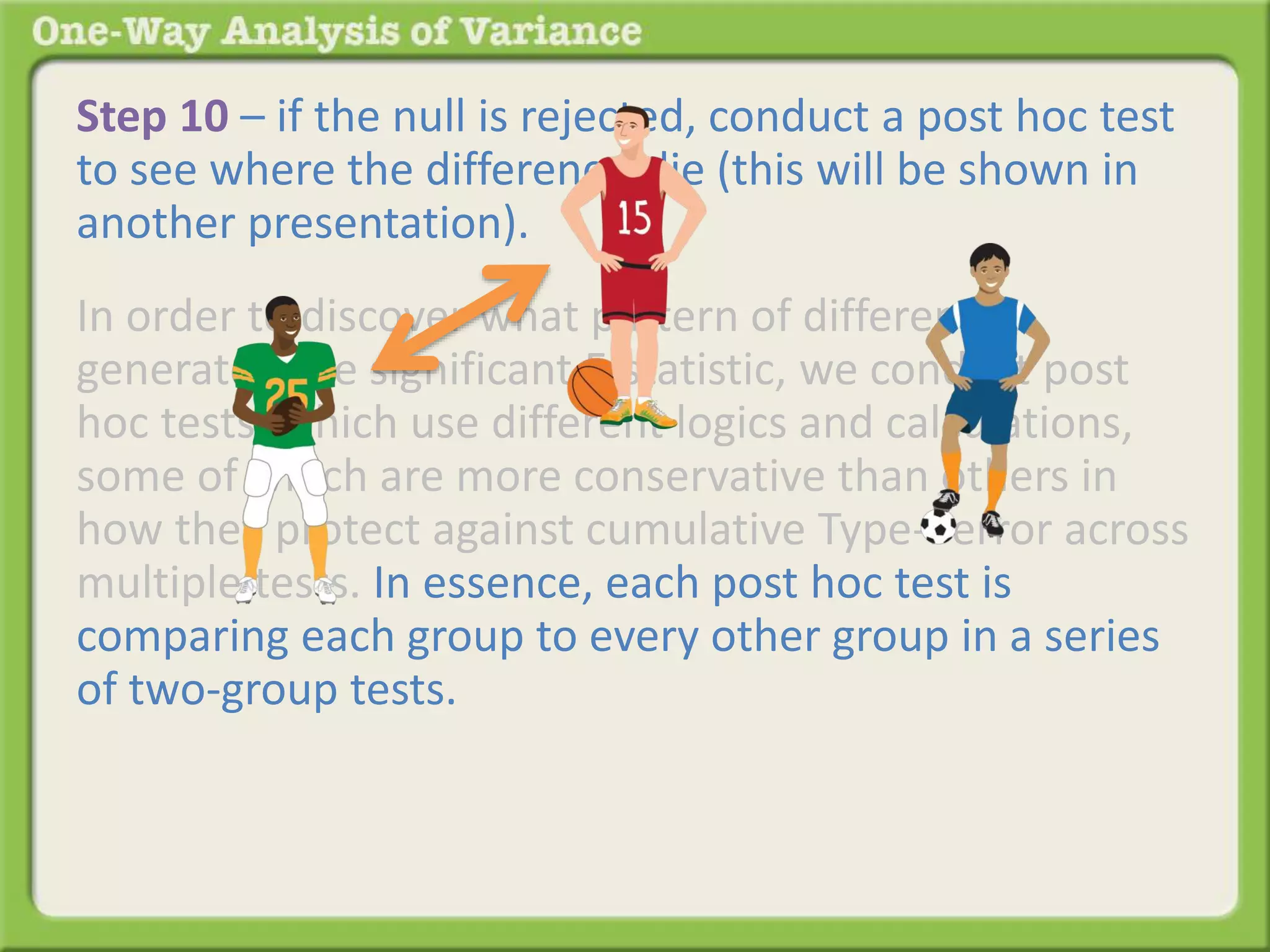 Step 10 – if the null is rejected, conduct a post hoc test 
to see where the differences lie (this will be shown in 
another presentation). 
In order to discover what pattern of differences 
generated the significant F-statistic, we conduct post 
hoc tests, which use different logics and calculations, 
some of which are more conservative than others in 
how they protect against cumulative Type-I error across 
multiple tests. In essence, each post hoc test is 
comparing each group to every other group in a series 
of two-group tests. The results of the series of two-group 
tests identifies which of the many possible 
patterns generated the significant F-statistic and where 
the differences lie. 
 