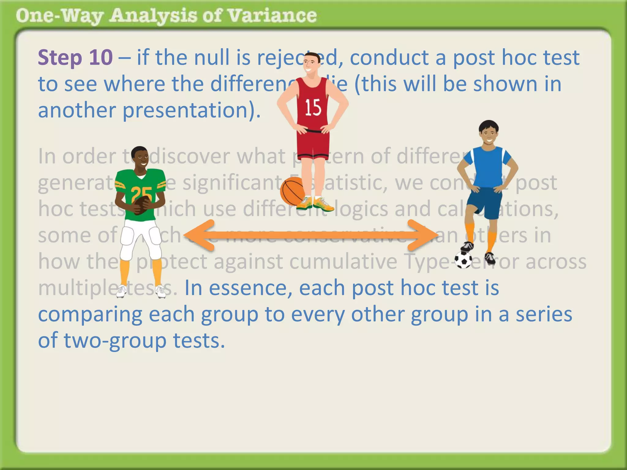 Step 10 – if the null is rejected, conduct a post hoc test 
to see where the differences lie (this will be shown in 
another presentation). 
In order to discover what pattern of differences 
generated the significant F-statistic, we conduct post 
hoc tests, which use different logics and calculations, 
some of which are more conservative than others in 
how they protect against cumulative Type-I error across 
multiple tests. In essence, each post hoc test is 
comparing each group to every other group in a series 
of two-group tests. The results of the series of two-group 
tests identifies which of the many possible 
patterns generated the significant F-statistic and where 
the differences lie. 
 