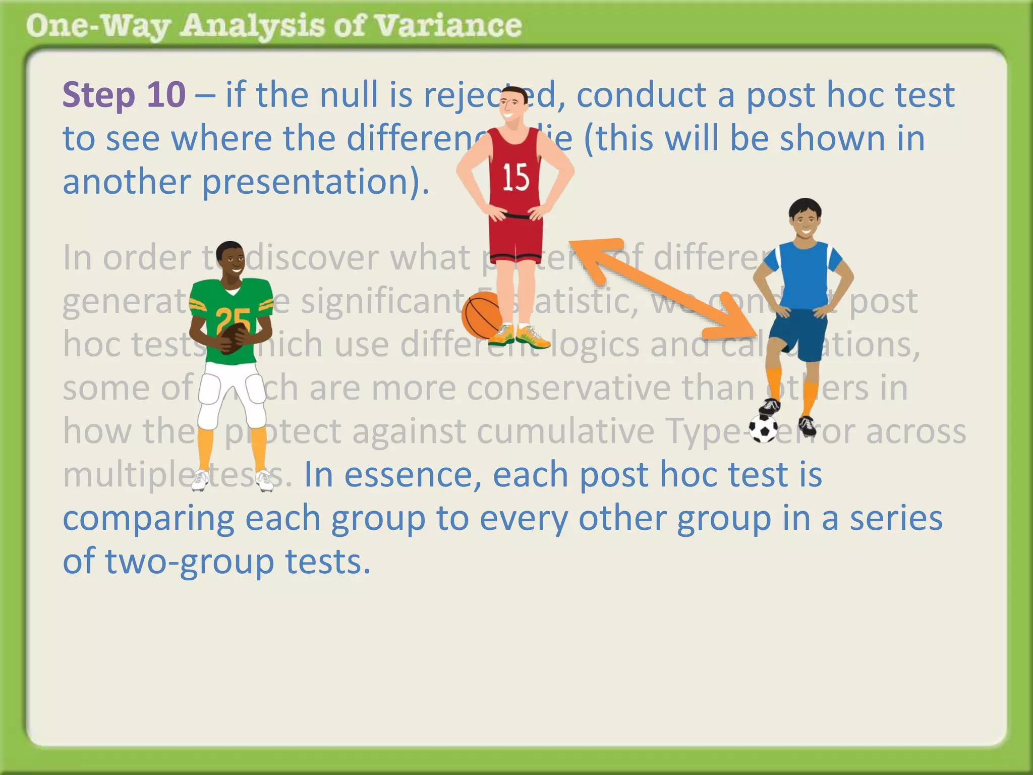 Step 10 – if the null is rejected, conduct a post hoc test 
to see where the differences lie (this will be shown in 
another presentation). 
In order to discover what pattern of differences 
generated the significant F-statistic, we conduct post 
hoc tests, which use different logics and calculations, 
some of which are more conservative than others in 
how they protect against cumulative Type-I error across 
multiple tests. In essence, each post hoc test is 
comparing each group to every other group in a series 
of two-group tests. The results of the series of two-group 
tests identifies which of the many possible 
patterns generated the significant F-statistic and where 
the differences lie. 
 
