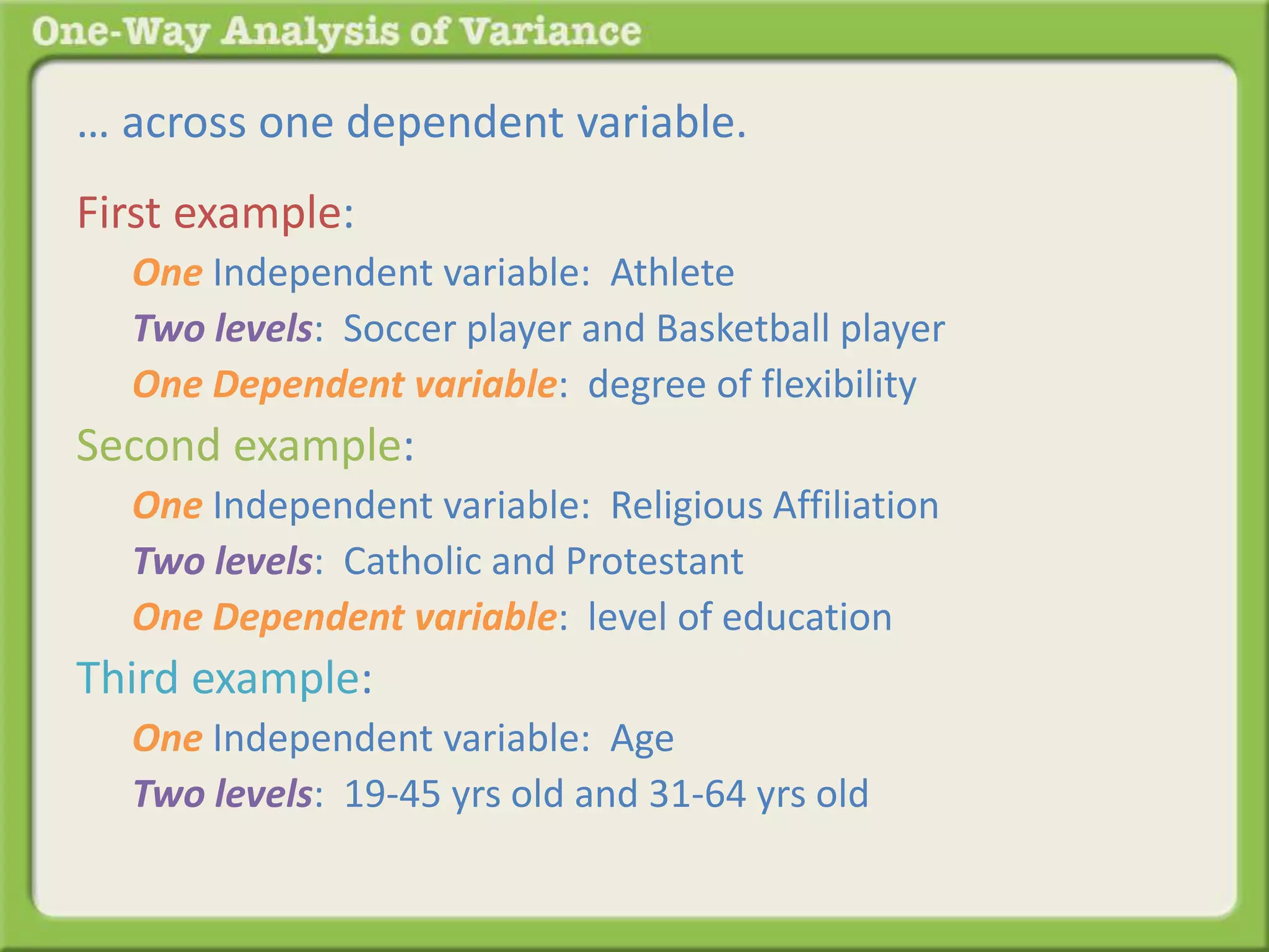 … across one dependent variable. 
First example: 
One Independent variable: Athlete 
Two levels: Soccer player and Basketball player 
One Dependent variable: degree of flexibility 
Second example: 
One Independent variable: Religious Affiliation 
Two levels: Catholic and Protestant 
One Dependent variable: level of education 
Third example: 
One Independent variable: Age 
Two levels: 19-45 yrs old and 31-64 yrs old 
 