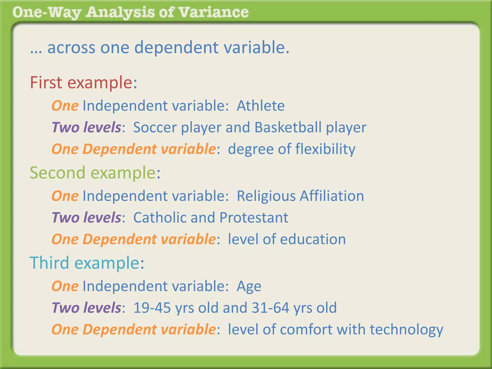 … across one dependent variable. 
First example: 
One Independent variable: Athlete 
Two levels: Soccer player and Basketball player 
One Dependent variable: degree of flexibility 
Second example: 
One Independent variable: Religious Affiliation 
Two levels: Catholic and Protestant 
One Dependent variable: level of education 
Third example: 
One Independent variable: Age 
Two levels: 19-45 yrs old and 31-64 yrs old 
One Dependent variable: level of comfort with technology 
 
