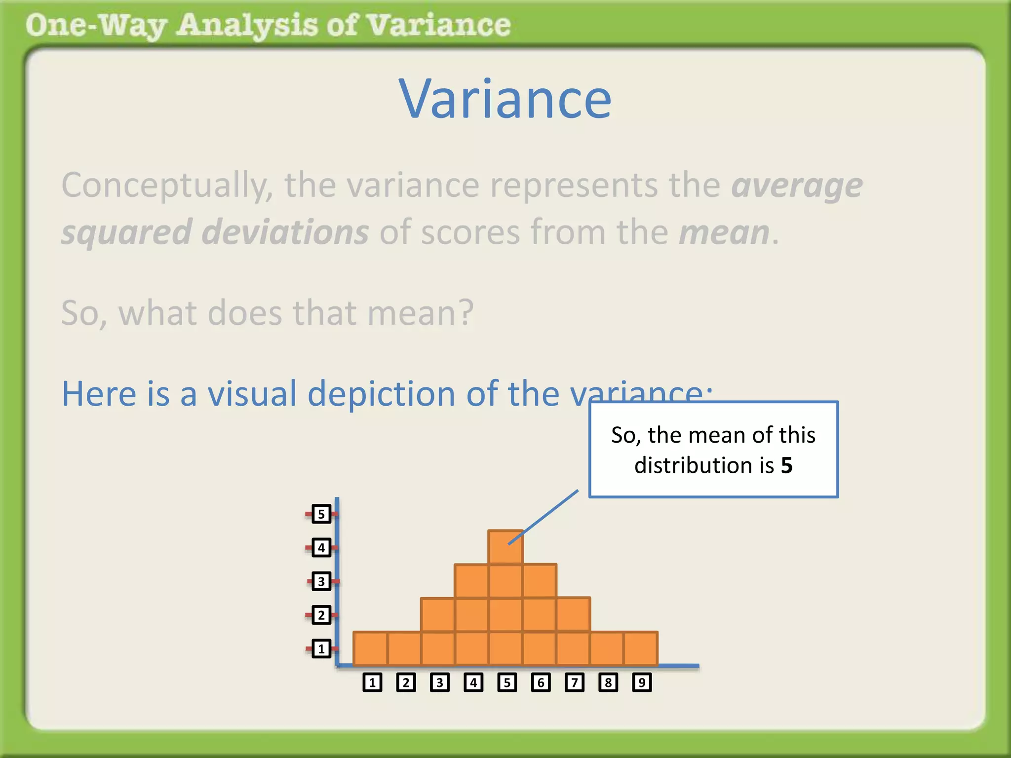 Variance 
Conceptually, the variance represents the average 
squared deviations of scores from the mean. 
So, what does that mean? 
Here is a visual depiction of the variance: 
1 2 3 4 5 6 7 8 9 
5 
4 
3 
2 
1 
So, the mean of this 
distribution is 5 
 