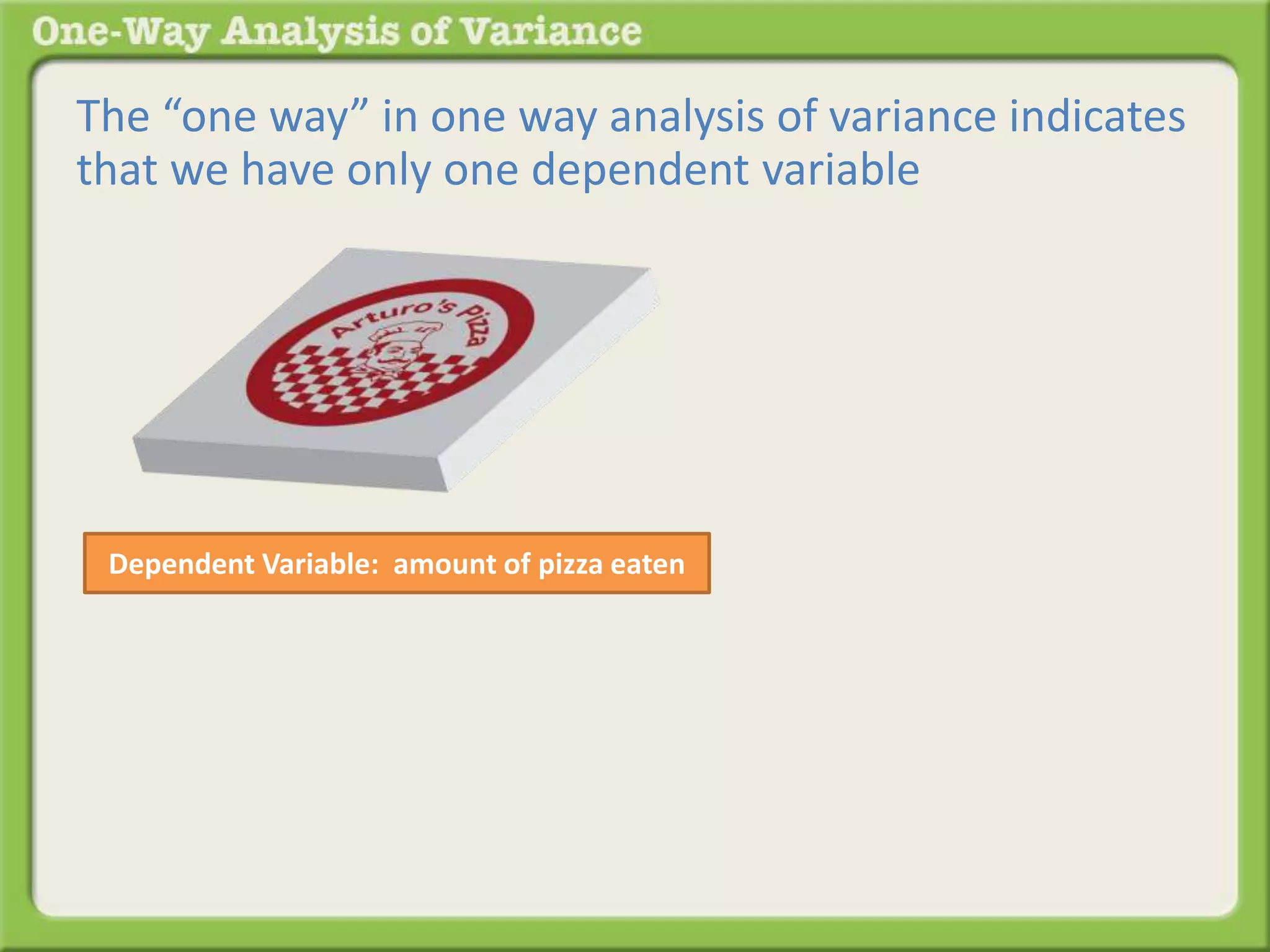 The “one way” in one way analysis of variance indicates 
that we have only one dependent variable 
Dependent Variable: amount of pizza eaten 
 