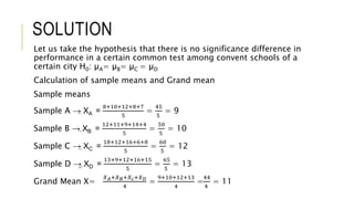 SOLUTION
Let us take the hypothesis that there is no significance difference in
performance in a certain common test among convent schools of a
certain city H0: µA= µB= µC = µD
Calculation of sample means and Grand mean
Sample means
Sample A → XA =
8+10+12+8+7
5
=
45
5
= 9
Sample B → XB =
12+11+9+14+4
5
=
50
5
= 10
Sample C → XC =
18+12+16+6+8
5
=
60
5
= 12
Sample D → XD =
13+9+12+16+15
5
=
65
5
= 13
Grand Mean X=
𝑋 𝐴+𝑋 𝐵+𝑋 𝑐+𝑋 𝐷
4
=
9+10+12+13
4
=
44
4
= 11
 
