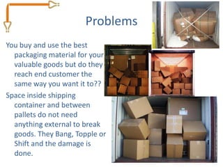 Problems
You buy and use the best
  packaging material for your
  valuable goods but do they
  reach end customer the
  same way you want it to??
Space inside shipping
  container and between
  pallets do not need
  anything external to break
  goods. They Bang, Topple or
  Shift and the damage is
  done.
 