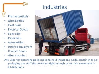 Industries
• Pharmaceuticals
• Glass Bottles
• Float Glass
• Electrical Goods
• Floor Tiles
• Paper Rolls
• Automobiles
• Defence equipment
• Ceramic Goods
• Glass ampules
Any Exporter exporting goods need to hold the goods inside container as no
  packaging can stuff the container tight enough to restrain movement in
  all directions.
 