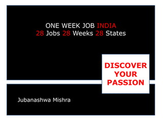 ONE WEEK JOB INDIA
28 Jobs 28 Weeks 28 States

DISCOVER
YOUR
PASSION
Jubanashwa Mishra

 