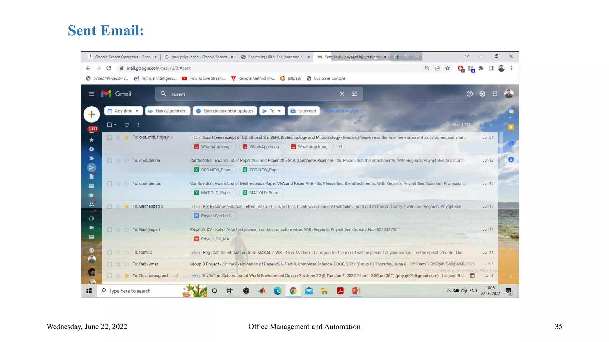 Wednesday, June 22, 2022 35
Office Management and Automation
Sent Email:
 