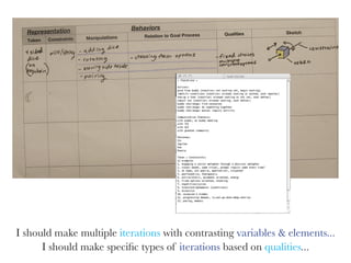 I should make multiple iterations with contrasting variables & elements...
      I should make specific types of iterations based on qualities...
 