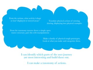From the actions, what activity is kept
  or lost? displayed or stowed away?            Translate physical actions of stowing,
                                              sharing, displaying into physical examples


 From the taxonomy narrow down a simple open
  source structure, pair this with manipulations

                                          Make a family of physical rough prototypes.
                                          Look at what you make and categorize them.




              I can identify which parts of the user journey
                 are most interesting and build those out.

                      I can make a taxonomy of actions.
 