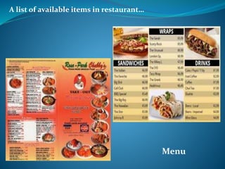 A list of available items in restaurant…
Menu
 