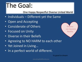 • Individuals – Different yet the Same
• Open and Accepting
• Considerate of Others
• Focused on Unity
• Diverse in their Beliefs
• Agreeing to NO HARM to each other
• Yet Joined in Living…
• In a perfect world of different.
www.doinglifedifferently.com
Its good to dream
Dreams
can become
Reality
 