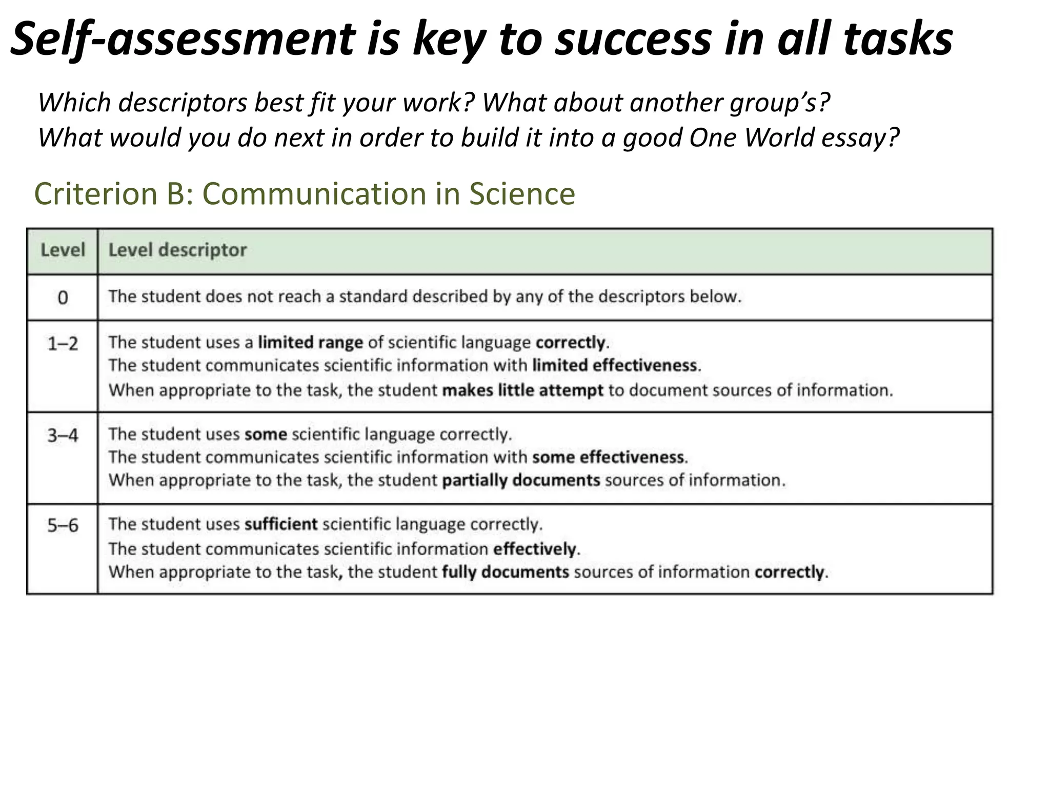 Self-assessment is key to success in all tasks
 Which descriptors best fit your work? What about another group’s?
 What would you do next in order to build it into a good One World essay?
 Criterion B: Communication in Science
 