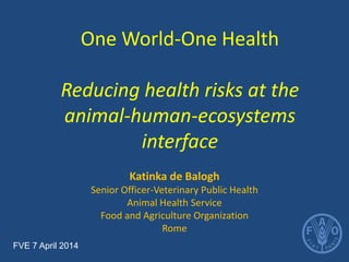 One World-One Health Reducing health risks at the animal-human-ecosystems interface 
Katinka de Balogh 
Senior Officer-Veterinary Public Health 
Animal Health Service 
Food and Agriculture Organization 
Rome 
FVE 7 April 2014  
